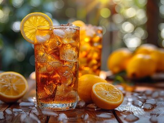 Iced tea with lemon, standing on a table in a summer garden in noon.