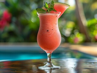 A watermelon daiquiri standing on a table by the pool.
