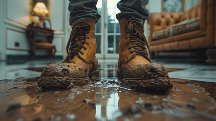Untouched by concern, a man tarnishes the clean floor of the living room, indifference obvious in his soiled shoes.
