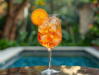 An Aperol spritz with a bright orange color standing on a table