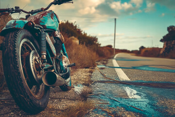 A blue motorcycle is parked on the side of a road. The motorcycle is old and rusty, and it is...