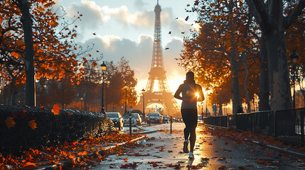 An athlete runs along the road against the backdrop of the Eiffel Tower, an illustration of Paris,...