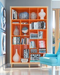 This vivid orange bookshelf contains a mix of books and eclectic decor pieces, enhancing the visual interest of the interior