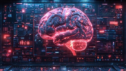The computer screen paints a digital image of an artificial brain, signifying advancements in technology and our understanding of artificial intelligence.