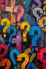 A colorful wall of questions painted on it. The wall is full of different colored questions, some of which are in the middle of the wall and others are scattered around. The wall is a unique