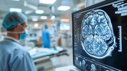 Tomographic scans of a patient's brain on the monitor in a clinic help detect, diagnose, and mitigate diseases at an early stage.