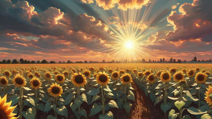 sunflower field with rays of sunlight, lots of clouds,4k, art nouveau style, sunset colours, very detailed