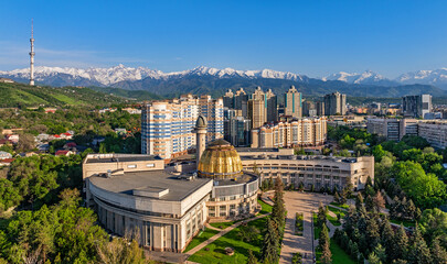 View from a quadcopter of the south-eastern part of the Kazakh city of Almaty against the backdrop...
