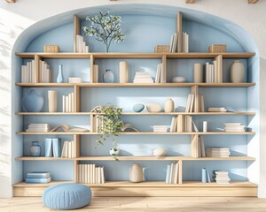Fototapeta premium Elegant interior setting with blue-hued bookshelves adorned with books, plants, and stylish pottery for a gentle ambiance