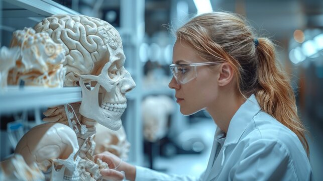 Recreating a face from a restored skull, a dedicated student applies intricate knowledge of anatomy in this scholarly task.