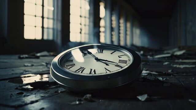 Old clock in an abandoned building, old destroyed asylum with a big clock lying on the floor Generative AI