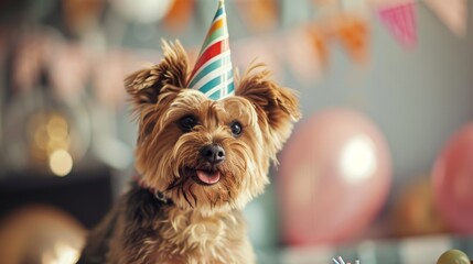 Cane simpatico indossa capello per la sua festa di compleanno
