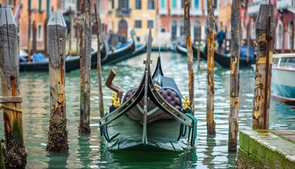 Fototapeta na wymiar Gondola ormeggiata su palafitte in legno nel Canal Grande, Venezia, Italia