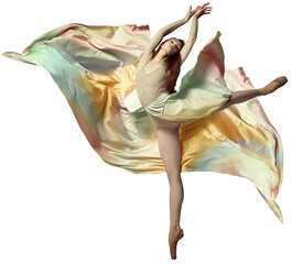 Graceful jump. Portrait of beautiful ballerina, dancer wearing colorful dress isolated transparent background. Contemporary dance. Concept of classic ballet, inspiration, beauty, dance, creativity.