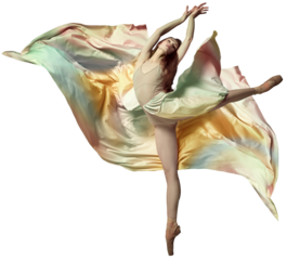 Graceful jump. Portrait of beautiful ballerina, dancer wearing colorful dress isolated transparent background. Contemporary dance. Concept of classic ballet, inspiration, beauty, dance, creativity.