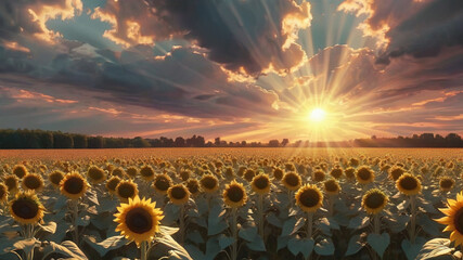 sunflower field with rays of sunlight, lots of clouds,4k, art nouveau style, sunset colours, very...