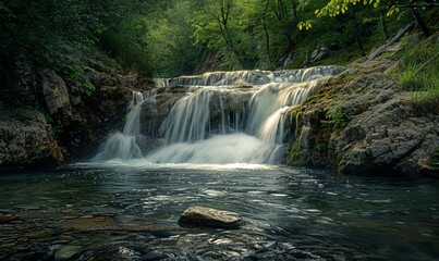Obraz premium A cascading waterfall over dark rock