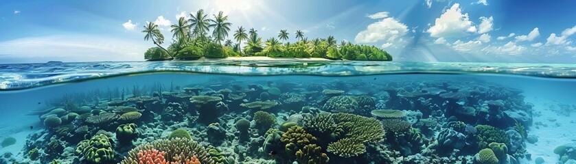 Focus a Coral Atoll and Tropical Paradise, with Crystal Clear Waters, On the right side free space, photography, Island Getaway advertisement concept