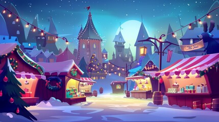 The Christmas market with stalls, sellers and customers, the winter street fair with booths with sweets and gifts for purchase. A cartoon illustration of kiosks on a snowy landscape.
