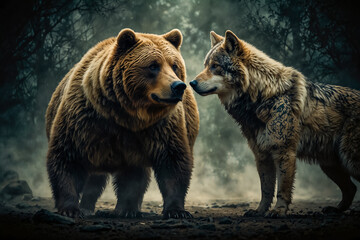 The bear stands face to face with the wolf, both animals look at each other with hostility. Tribal patterns intertwine in the background