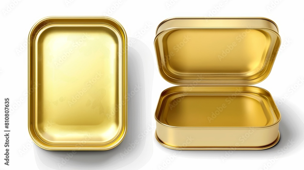 Poster detailed modern mockup of gold-colored tin can for sardines in top and perspective views. empty cani