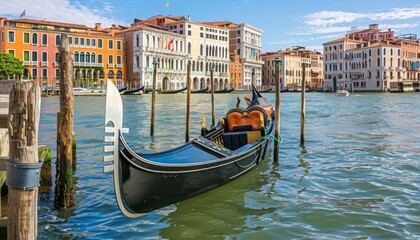 Fototapeta premium Gondola ormeggiata su palafitte in legno nel Canal Grande, Venezia, Italia