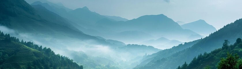 Fototapeta premium Focus a Mountain Range and Valleys, with Fog, On the right side free space, photography, Mountain Retreat advertisement concept