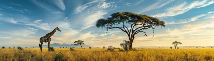 Fototapeta premium Focus a Savanna and Acacia Trees, with Giraffes, On the right side free space, photography, Safari Adventure advertisement concept