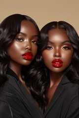 Obraz premium With a neutral backdrop, these women feature bold red lips, dark hair, and a powerful, shared gaze toward the camera