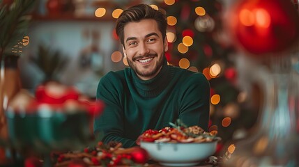 Focus on a happy man cooking Thanksgiving dinner in a blur beautiful kitchen background