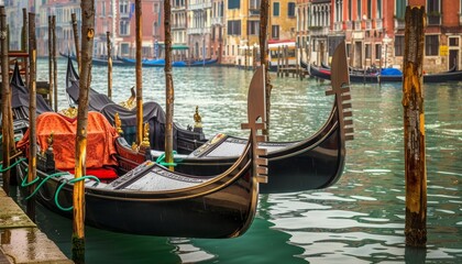 Fototapeta na wymiar Gondola ormeggiata su palafitte in legno nel Canal Grande, Venezia, Italia