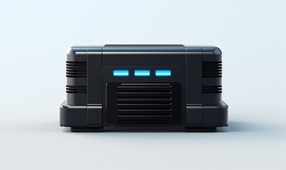 Obraz premium A black computer power supply unit with a fan on top. The fan is orange and has a black base