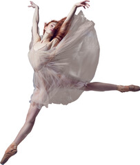 Demonstrate flexibility. Young and incredibly beautiful ballerina wearing tulle dress jumping...