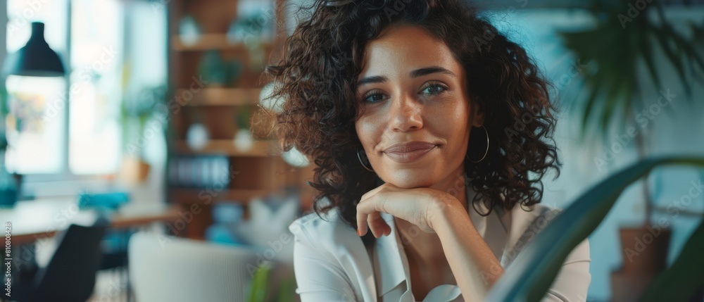 Poster a beautiful multiethnic latina project manager is having a video call with a colleague in a creative
