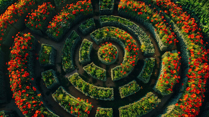 Fototapeta premium Complex journey of remembrance illustrated by a bird's eye poppy maze on Memorial Day.