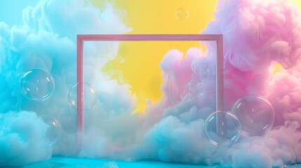 Dreamlike image with colorful clouds, bubbles, and a neon-lit frame creating a visual portal to another dimension