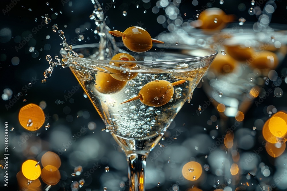 Poster dynamic image of olives splashing into a martini with sparkling bokeh lights in the background