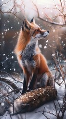 A kitsune fox sitting in the snow with bare branches in the background in a Japanese winter landscape