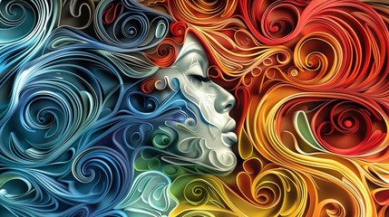 A Woman's face with flowing hair made of swirling colors, paper quilling art style.