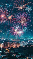 Obraz premium Stunning Fireworks Display Over Cityscape, Celebration Concept