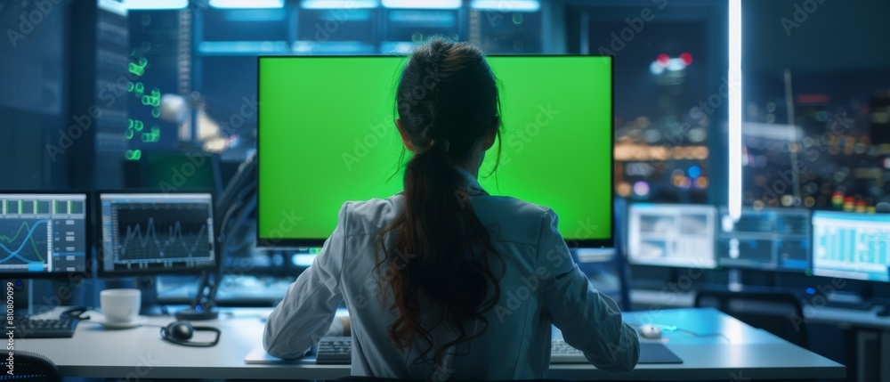 Poster monitoring room with big data scientists and managers sitting in front of computers. female software