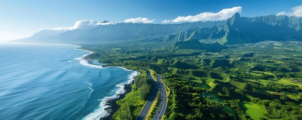 Aerial view of the new and old coastal road Route du Littoral connecting Saint Denis with La Possession, RÃ©union.