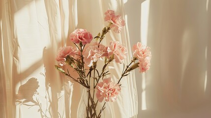 Carnation flowers bouquet in vase on neutral beige empty wall and linen curtain 