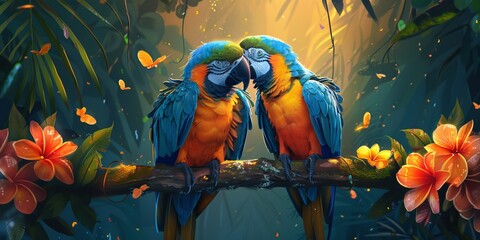 Two cute macaw birds in love