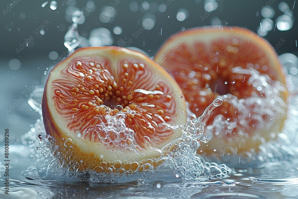 Poster this image captures sliced figs with water splash around them, emphasizing the freshness and texture