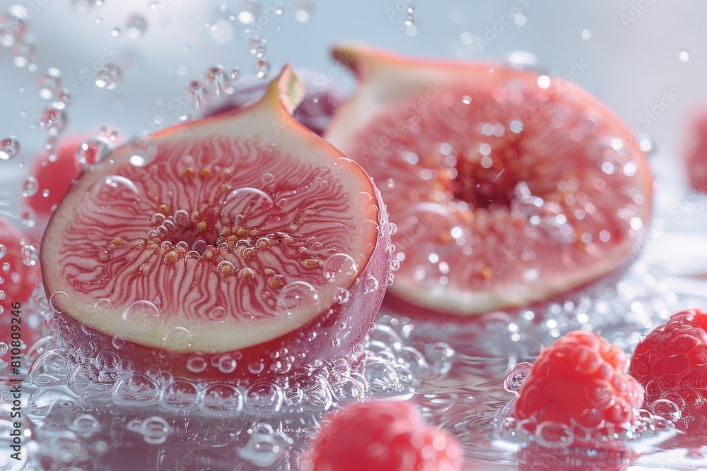 Poster bright red fig slices and raspberries with sparkling water droplets create an appetizing and refresh