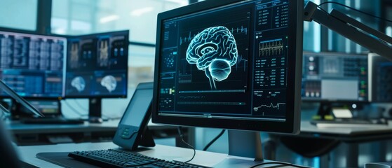 Screenshot of Desktop Computer running software for MRI brain analysis. Advanced programming is visible on the display with additional data. Medical Research Laboratory.