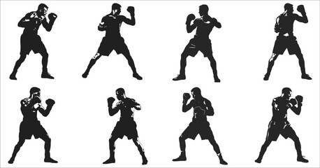Obraz premium Black silhouettes of boxing, Silhouette of male boxing player, Boxing fighter silhouette, Boxing silhouette set, Silhouette of black boxers, Boxer men black icon, Men boxer silhouette, Boxing, Boxer