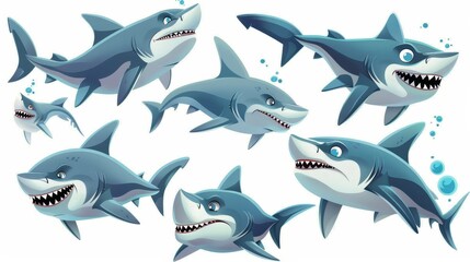 A cute shark cartoon character with a funny muzzle, showing emotions like falling in love, smiling, being crazy, being surprised, and getting angry.