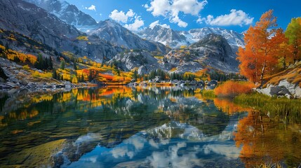 Fototapeta na wymiar A serene lake nestled among towering mountains, reflecting the snow-capped peaks and vibrant autumn foliage.